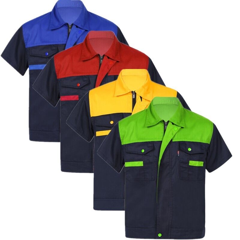 

Men's Short Sleeve Work Shirt Turn-Down Collar Mechanic Uniform Tops Workwear, Green