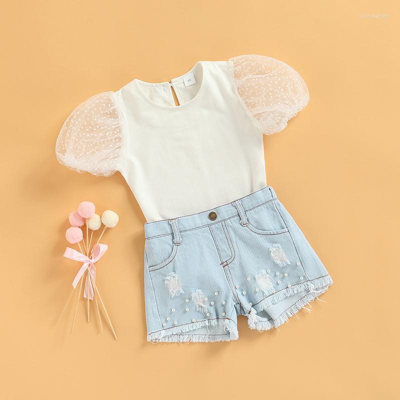 

Clothing Sets Kids Girls Two Pieces Clothes Outfit Mesh Puff Short Sleeve T-Shirt Pearl Embellished Jean Pants 1-6Years, White