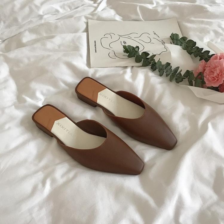 

Slippers Women Flat Shoes Brand 2023 Fashion Mules For PU Leather Pointed Toe Slip On Flip Flops Slipper, Black