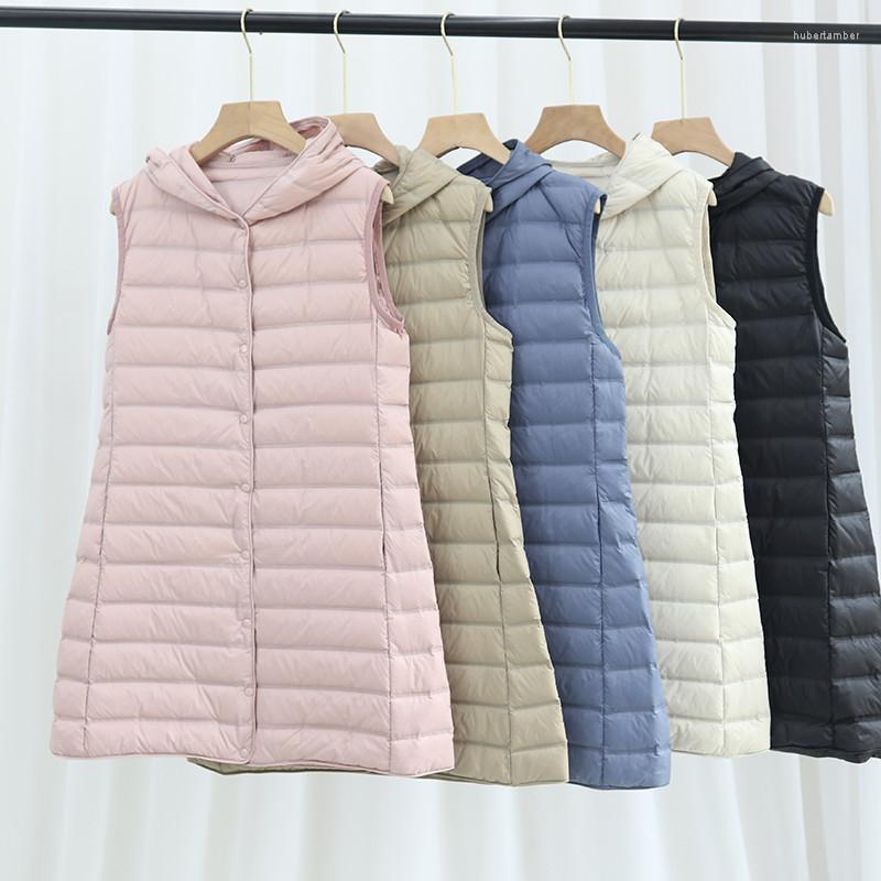 

Women's Vests Women Sleeveless Hooded Waistcoat Coat Autumn Winter Ultra Light White Duck Down Vest Female Single-breasted Long Jacket Parka, Black