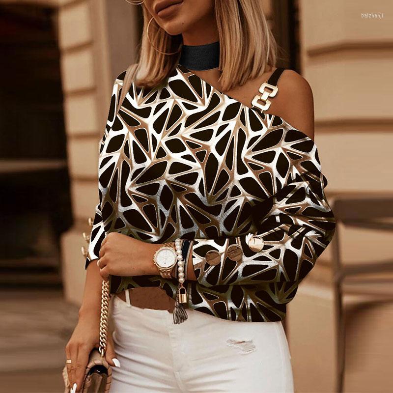 

Women' Blouses Vintage Pattern Print Women Tops And Spring One Shoulder Hollow Out Office Shirts Autumn Sleeve Chain Strap Pullovers, 01 print