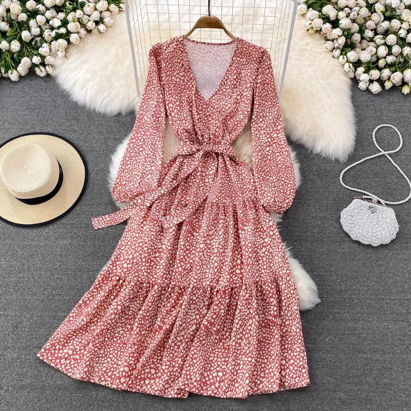 

Work Dresses Spring Autumn V Neck Long Sleeve Dress For Women Holiday Casual Bohemia Lady Streetwear Lace Up Waist A Line Vestidos, Pink