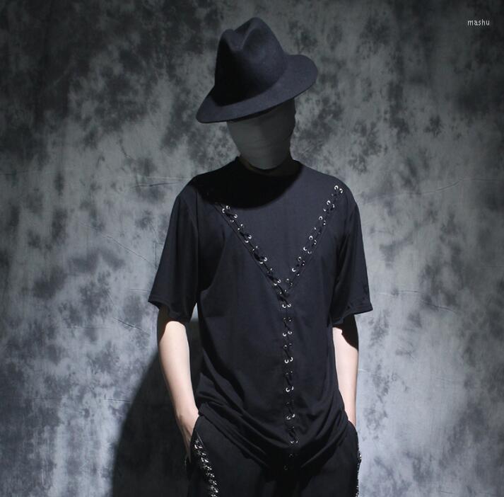 

Men's T Shirts Summer Personality Drawstring Design Man Shirt Men Tshirt Hip Hop Streetwear Short Sleeve T-shirt Camiseta Black