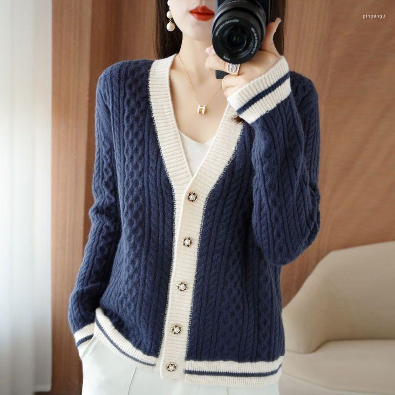 

Women's Knits Autumn Winter Women V-Neck Single-breasted Cardigan Sweater Fashion Contrast Color Twisted Knitted Cardigans, Green