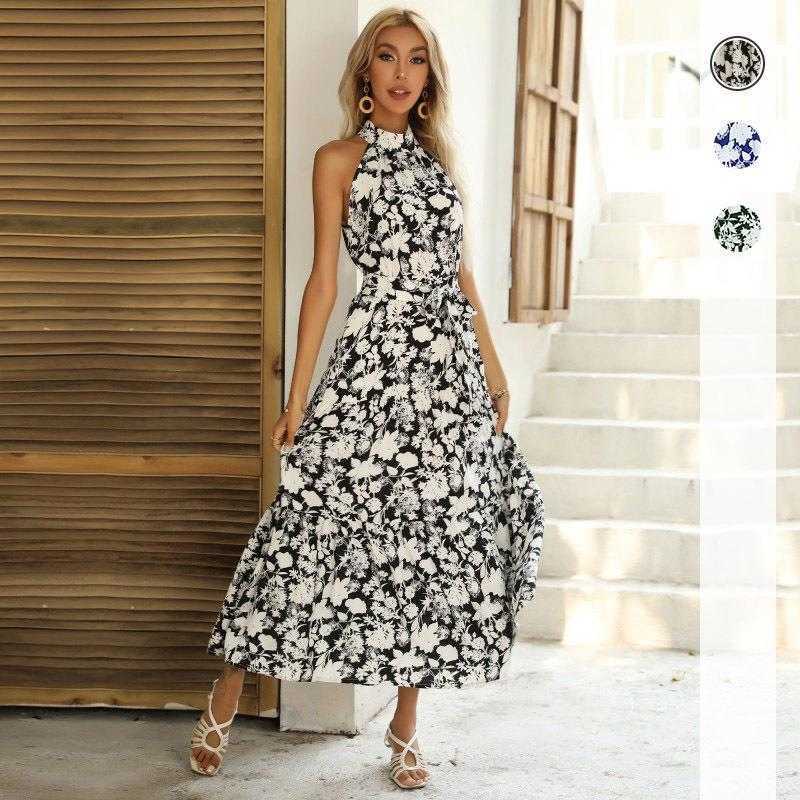 

Summer French Dress Halter Sleeveless Split Printed Cap Sleeve Sexy, Blue