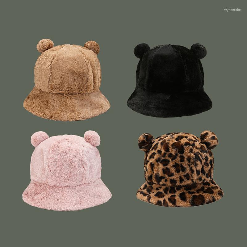 

Berets Taiger Print Faux Fur Kawaii Cute Girl Hat Female Winter Leopard Plush Fisherman Korean Warm Student Ear Bucket Hats, White