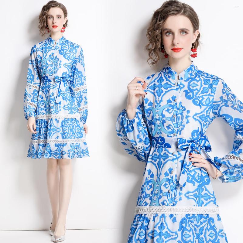 

Casual Dresses 2023 Summer High-end Temperament Long Sleeve Stand Collar Loose Fishtail Lace Up Blue And White Porcelain Hollow Out Dress