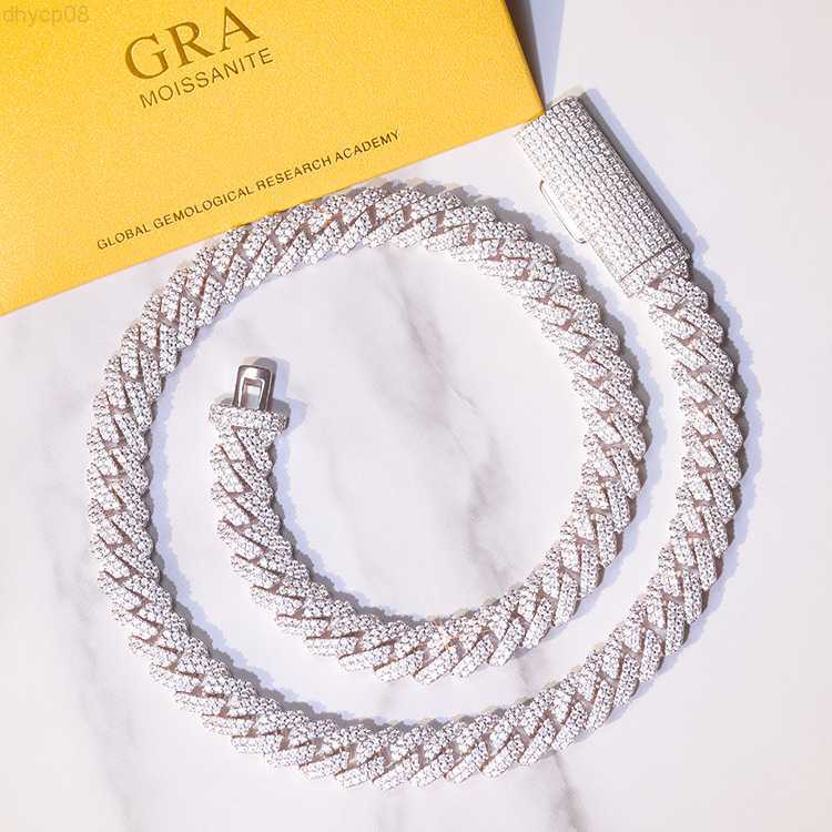 

Hotsale Fashion Cuban Chain Necklace 2rows 10mm 12mm 925 Solid Silver ice out Moissanite Diamond Cuban link chain Hip Hop Necklace