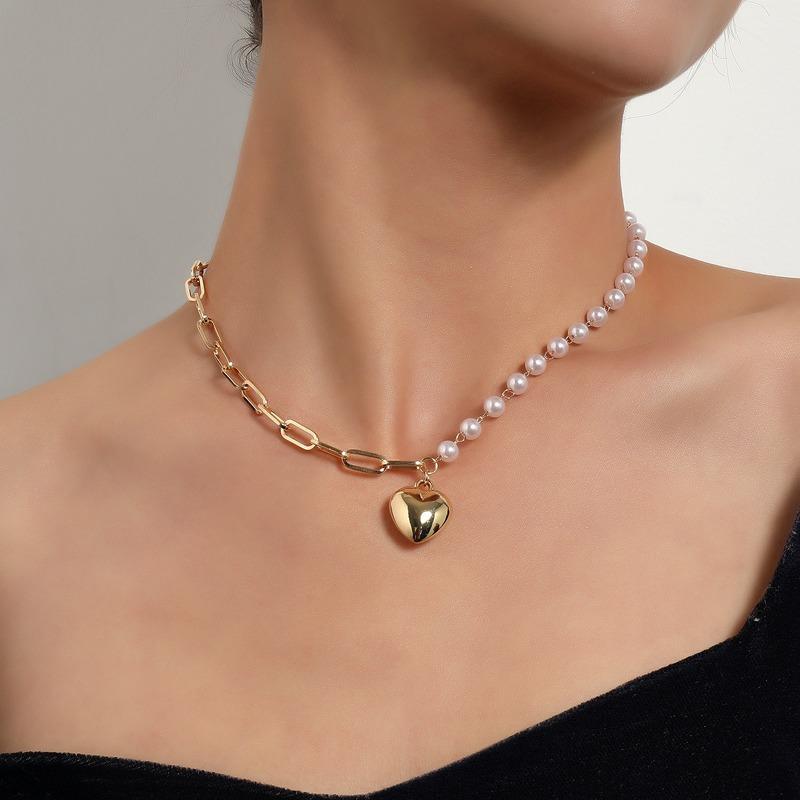 

Pendant Necklaces U-Magical Street Style Gold Color Love Heart Pearl Necklace For Women Punk Asymmetry Chunky Chain Metal Jewelry