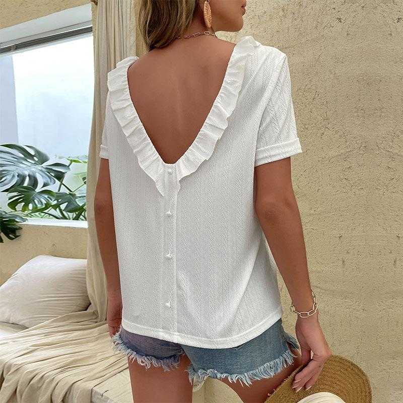 

Summer Backless Shirts Top Texture Round Neck Pullover Short Sleeve T Shirt, White2