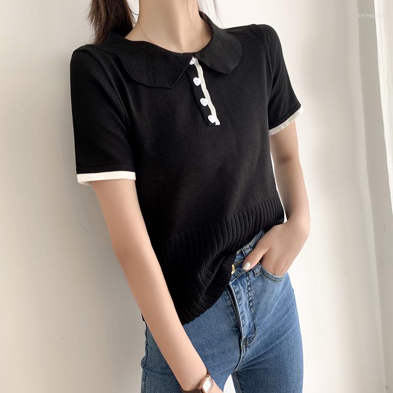 

Women's T Shirts All-match Fashion Single-breasted Short-sleeved T-shirt POLO Collar Contrast Color Knitted Top Women, Black