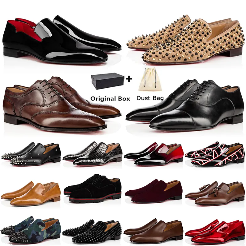 

Designer Luxury Red Bottoms Loafers Mens Dress Shoes Classic Pointed Toe Black Suede Patent Leather Rivets Glitter Loafer Men Fashion Sn Opl, Item (1)