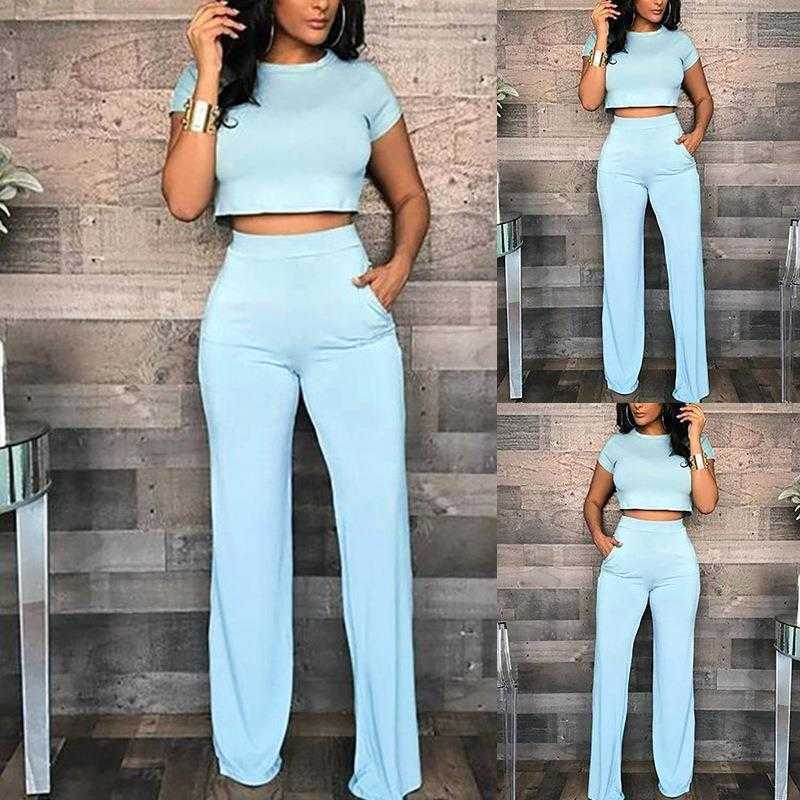 

Fall Womens Clothing Round Neck Pant Short Sleeve Cropped Casual Suit, Sky blue