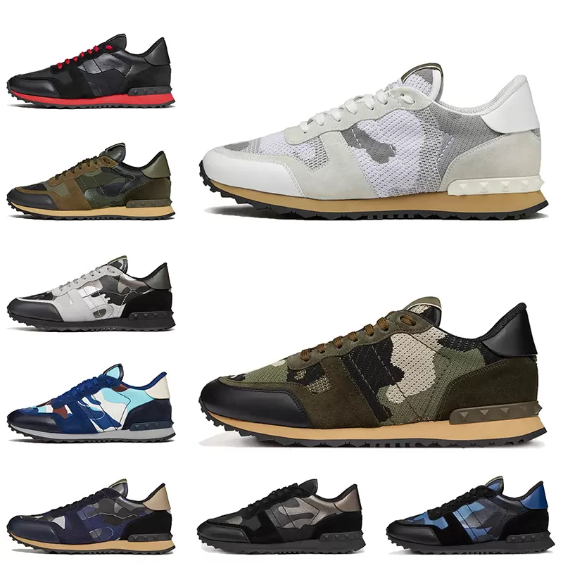 Luxury Rockrunner Camo Casual Shoes 2023 VALEN Women Mens Designer Sneakers camouflage mesh fabric Rubber stud Platform Vintage leather Loafers Trai