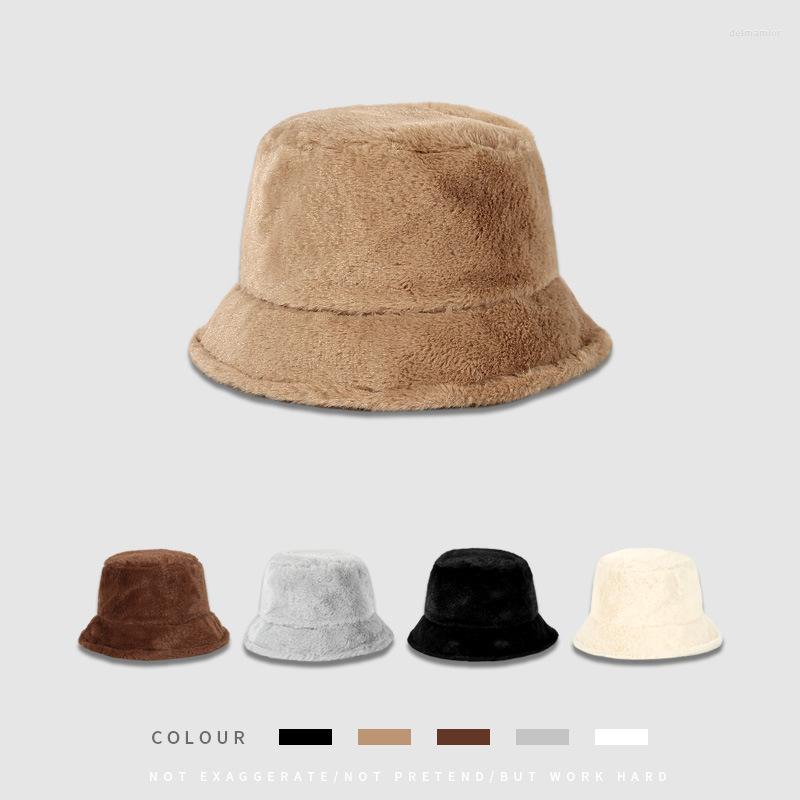 

Berets Fashion Buckets Hats For Women Girls Fur Solid Color Fisherman Hat Autumn Winter Ladies Fishing Cap Warm Panama, Brown