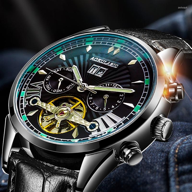 

Wristwatches AOKULASIC Top Brand Automatic Mens Watches Tourbillon Mechanical Watch Men Waterproof Multifunctional Calendar Relogio, Black