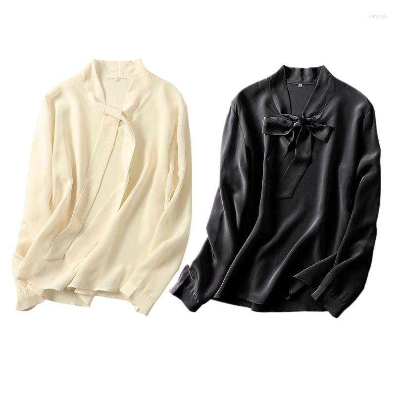 

Women's Blouses Birdsky 1PC Women Long Sleeve Shirts Top 22MM Mulberry Silk Office Lady V Neck Bow Ribbon 3 Solid Colors. S-206, Beige