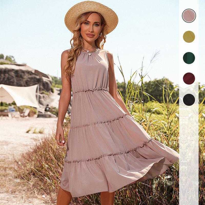 

Summer Vest Dress Solid Color Pleated Empire Wooden Ear Holiday, Navy blue