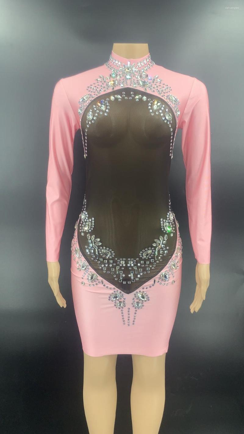 

Casual Dresses Silver Rhinestone Pink Black Transparent Short Dress Women Latin Dance Show Wear Birthday Bar Prom Dancer