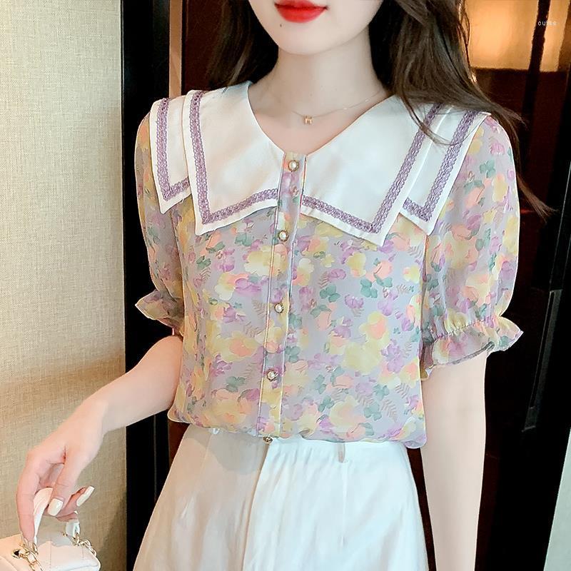 

Women' Blouses Blouse Female 2023 Latest French Niche Fairy Foreign Gas Print Short -sleeved Doll Collar Chiffon Shirt Fashion Summer, Purple