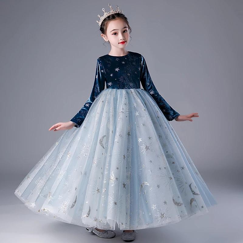 

Girl Dresses Girl's Flower For Weddings O Neck Full Sleeves Kids Party Communion Appliques Sequined Princess DressGirl's, Blue
