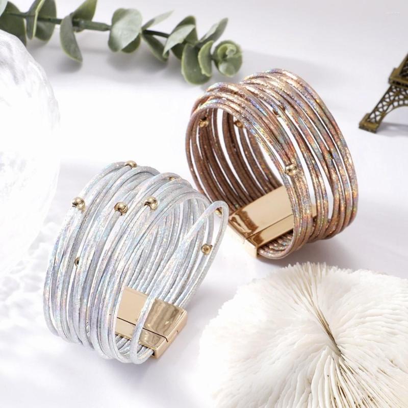 

Charm Bracelets Beaded Color For Women Multilayer Leather Boho Retro Laser Effect Magnetic Buckle Bangle Female Jewelry