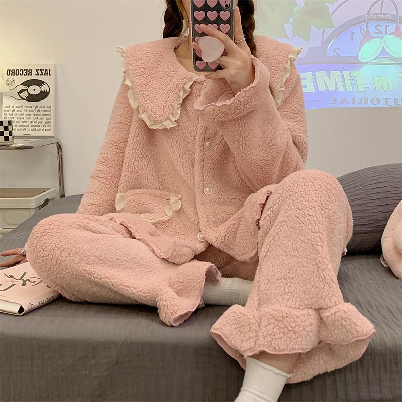 

Women's Sleepwear Women Autumn And Winter Coral Fleece Loungewear Flannel Thick Home Clothes Large Size Warm Pajama Set, Blue