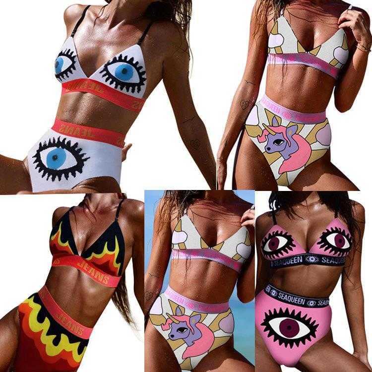 

Summer Womens Clothing Sexy Swimwear Print Letter Eyes Flame Split Swimsuit Two, Yellow