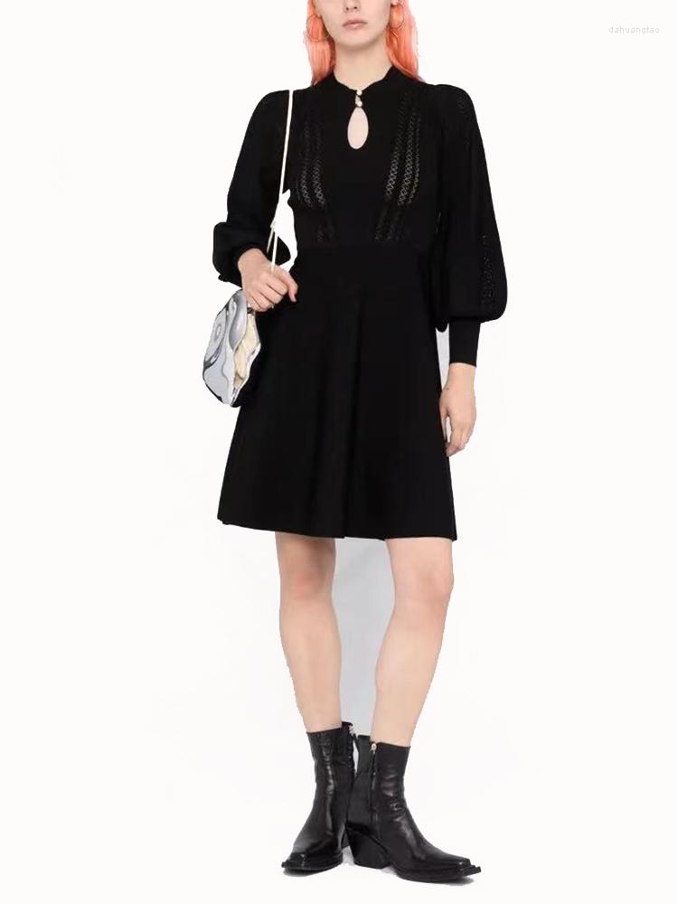 

Casual Dresses Autumm Winter SANDR Black Knitted Dress For Women Pearl Buttons Hollow Out Long Sleeve A-line Robe Ladies Fashion Skirt