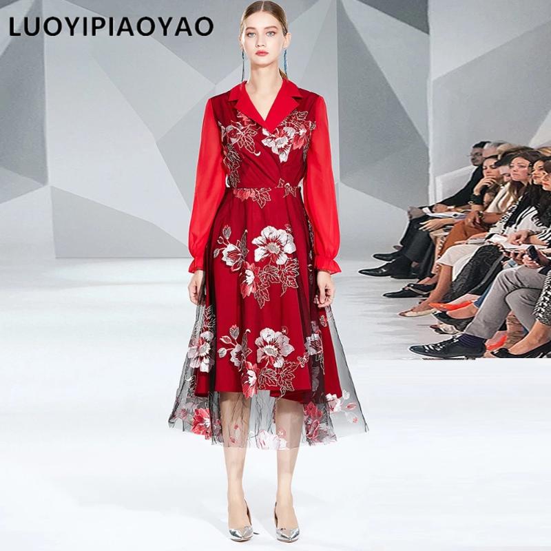

Casual Dresses Flower Embroidered Red Mesh Splicing Midi Dress Autumn Winter Women Notched Collar Flare Sleeve Christmas Party