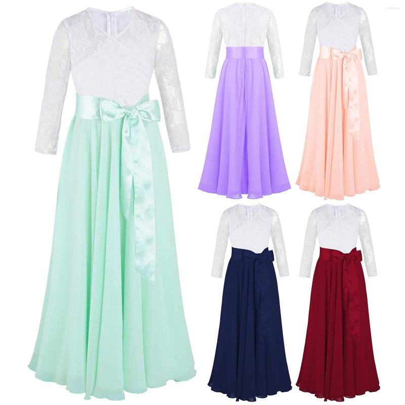 

Girl Dresses Patchwork Flower Kids Long Sleeve Chiffon Maxi Dress Girls Lace Wedding Birthday Party Princess Costume, Pink