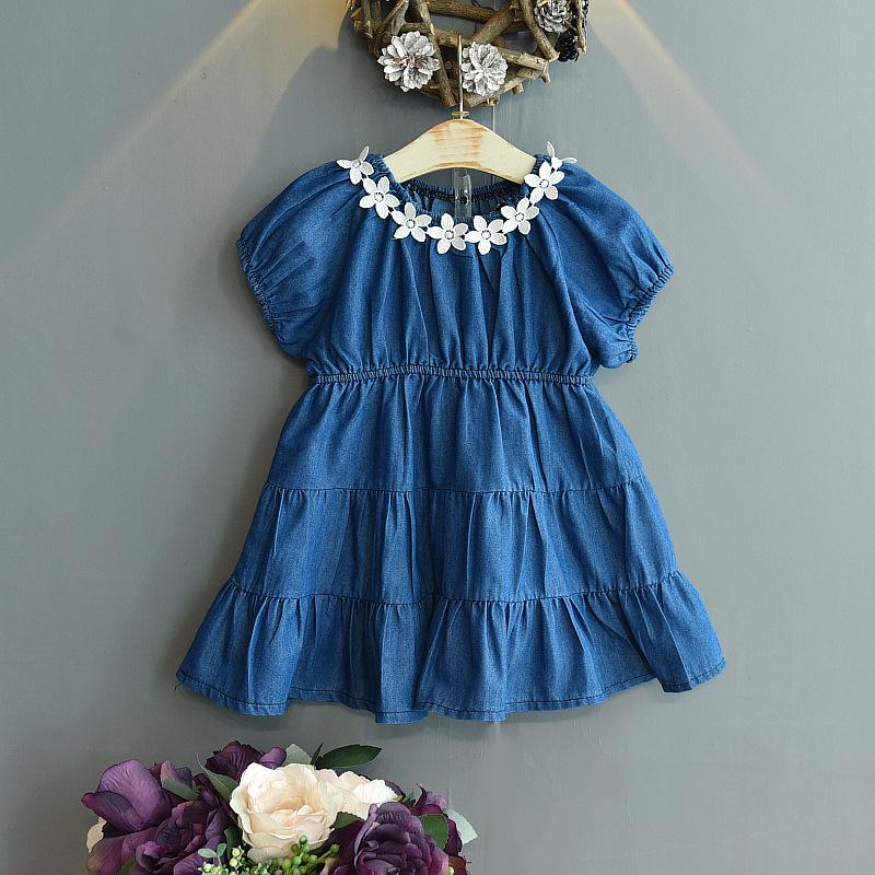 

Girl Dresses Summer Girls Dress Fashion Denim Blue Children's Short-sleeved Clothes Flower Kids Girl's, Cowboy