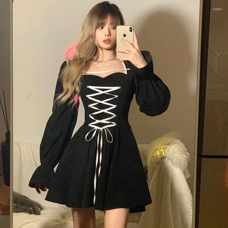 

Casual Dresses Drawstring Square Neck Cute Women Pleated Dress High Street Niche Fashion Long Sleeve Mini Femme Bodycon Sexy Vestido Robe, Black