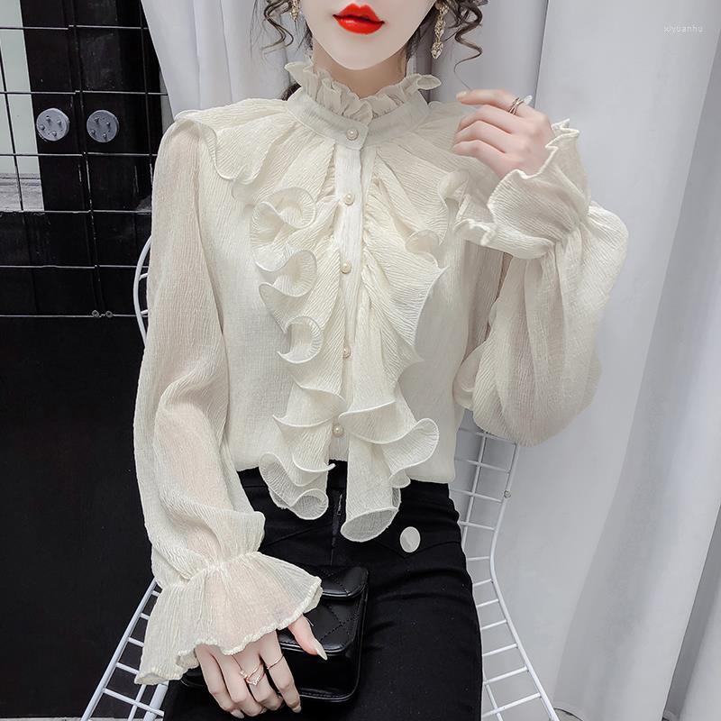 

Women' Blouses Blouse 2023 Stand -up Collar Chiffon Shirt Women' Design Sense Stitching Ruffled Foreign Long -sleeved Loose Sleeve, Black