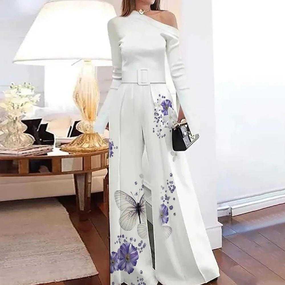 

Autumn Fashion Printed Diagonal Collar Jumpsuit Long Sleeve Off Shoulder Casual, White