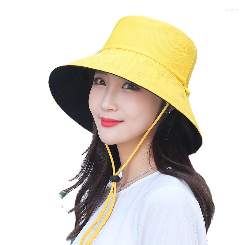 

Berets Spring Summer Double-Sided Bucket Hat Women Beach Panama Cap Ladies Outdoor Large Brim UV Protection With Wind Proof Rope, Blue and beige