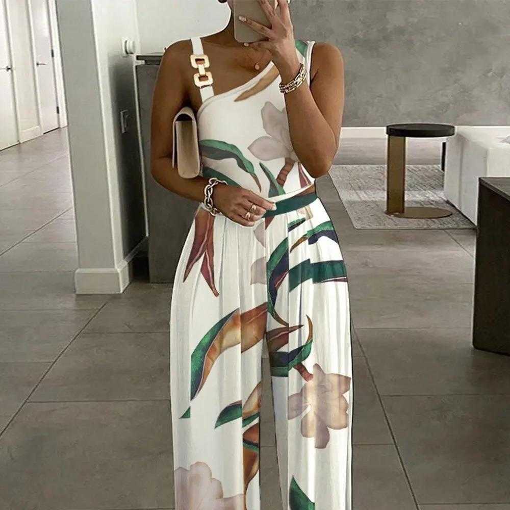 

Summer Womens Printing Sleeveless High Waist Casual Jumpsuit, White