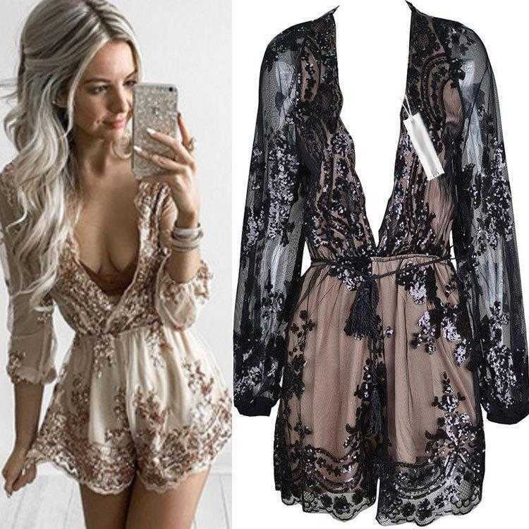 

Deep V Neck Sexy Jumpsuit Sequined Champagne Gold Rope Shorts For Women, Black
