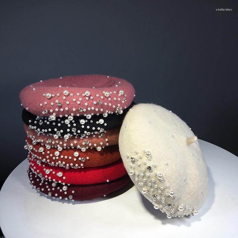

Berets Winter Sweet Beret All-Match Wool Pearl Rhinestone, Black