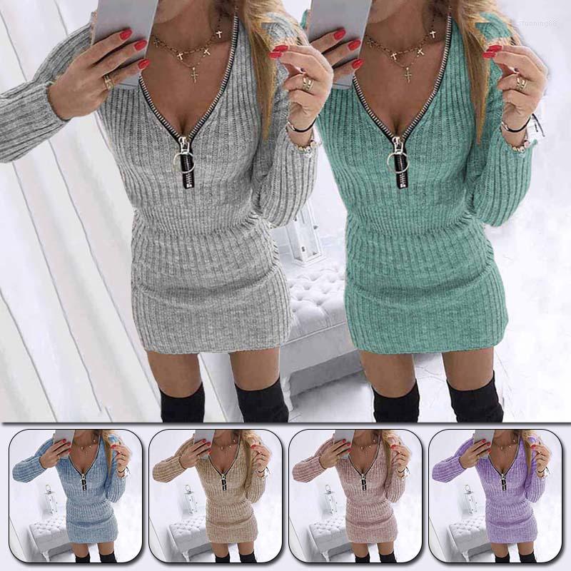 

Casual Dresses 2023 Zipper Elegant Autumn Basic Mini Sweater Dress Women Solid Bodycon Female Jumper V Neck Slim Knit Long Sleeve