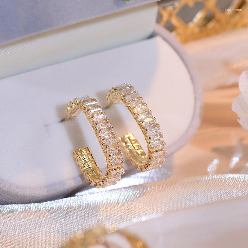 

Hoop Earrings 14K Real Gold Plating Zircon Korea Design Fashion Jewelry Luxury C Type Elegant Women Wedding Party Accessories