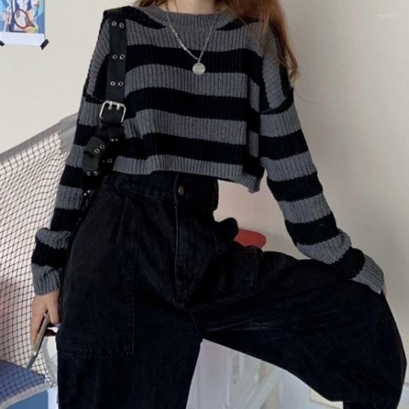

Women' Sweaters Vintage Sweater Women Korean Style Striped Cropped Knit Jumper Female Autumn Long Sleeve O-neck Pullovers Top Y2K Tops, Black