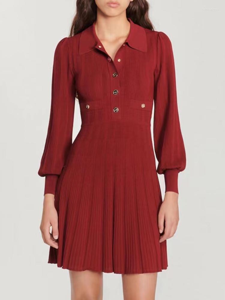 

Casual Dresses Autumn Winter Sandr Women Dress Office Ladies High Quality Knitted Waist Vintage Puff Sleeves Slim Mini Party, Red