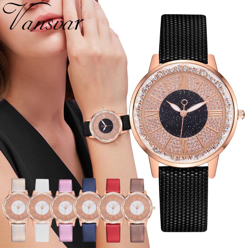 

Wristwatches Ladies Casual Watch Women Rose Gold Dial Leather Strap Quartz Women's Diamond Fashion Bracelet Clock, Black