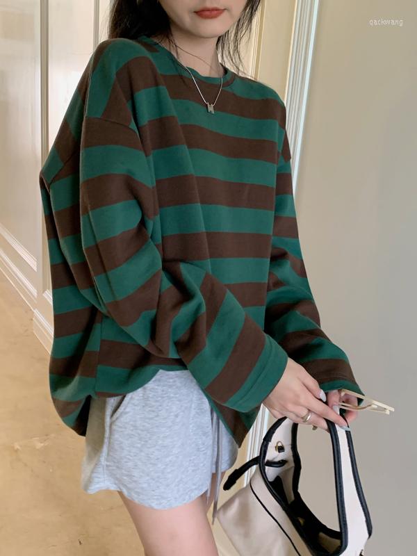 

Women's T Shirts Vintage Striped Long-Sleeved T-Shirt Women'S Summer Harajuku Green Loose All-Match Round Neck Tops Women