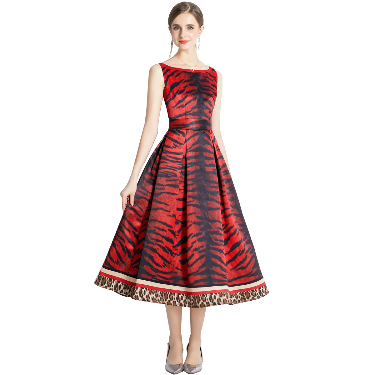 

Zebra Stripes Summer Hit Color Vest Dress Women Designer Sexy Slim Loose Big Swing Cocktail Prom Dresses 2023 Ladies Holiday Club Party Frocks Sleeveless Midi Robe