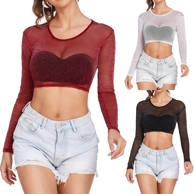 

Women's Blouses & Shirts Fashion Shiny Sheer Blouse Sexy Top Shirt Casual Summer Mesh Perspective Long Sleeves Crop Tee Elegant TopsWomen's, Black