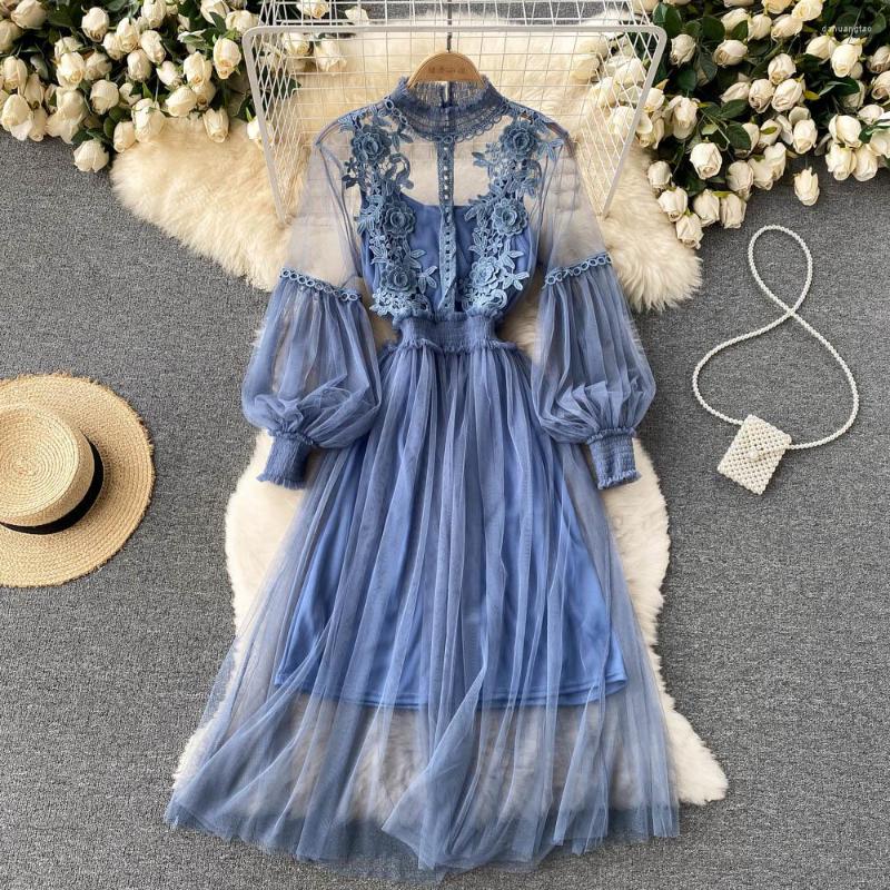 

Casual Dresses Fashion Women Spring Summer Embroidery Lace Mesh Dress Sexy See Through Long Lantern Sleeve Elastic Waist A-line Party, Black