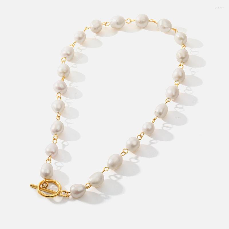 

Choker Minar French Baroque Freshwater Pearl Necklaces For Women 18K Gold Plating Stainless Steel Toggle Clasp Circle Necklace