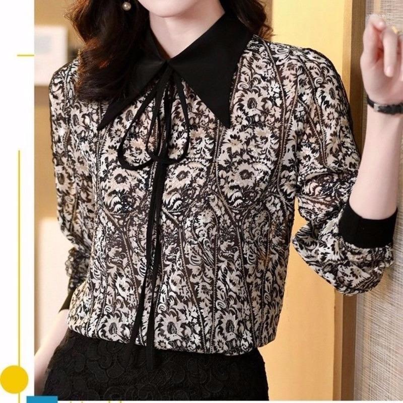 

Women's Blouses Large Size Fashion Women's Long-sleeved Chiffon Printing Top 2023 Mm Loose Slim Turn Down Collar Blouse Female Shirt, Khaki